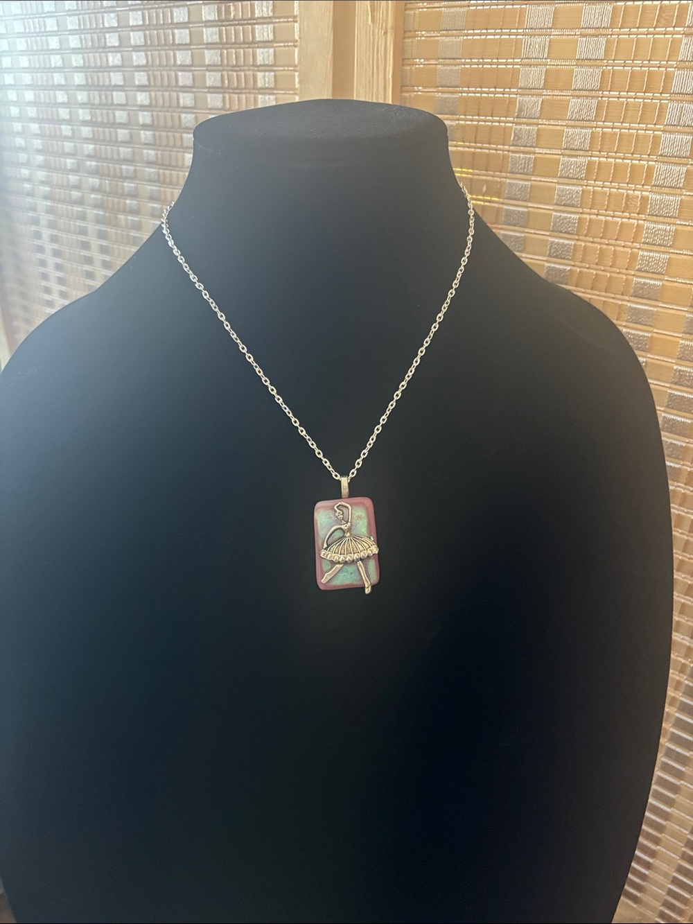 Ballet Dancer Rectangular Pendant Necklace in Pink and Green